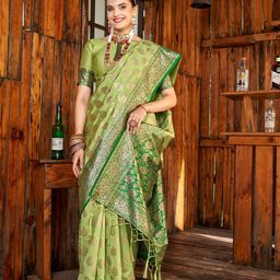 Anouk Green Ethnic Motifs Woven Design Zari Detailed Banarasi Saree-image-35