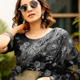 Subham Women Embellished Beads and Stones Net Saree-18