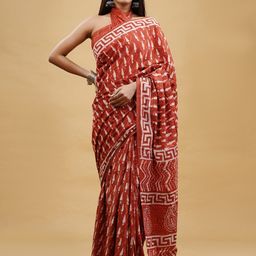 BUTA BUTI Red & White Ethnic Motifs Pure Cotton Dabu Saree-image-15