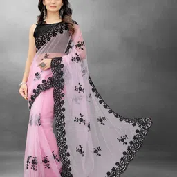 BARKIYA CREATION Floral Embroidered Beads And Stones Net Saree-image-4