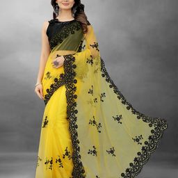 BARKIYA CREATION Floral Embroidered Beads And Stones Net Saree-image-3