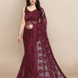 VAIRAGEE Maroon Floral Embroidered Net Saree-picture-3