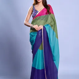 Mitera Blue & Green Colourblocked Organza Saree-picture-27