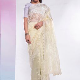 Mitera Yellow Ethnic Motifs Embroidered Organza Saree-image-20