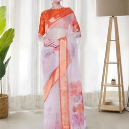 Mitera White & Orange Floral Printed Zari Organza Saree-27
