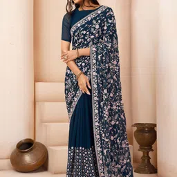 Inddus Teal & White Floral Embroidered Sequinned Poly Georgette Saree-image-44