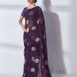 Mitera Purple & White Embellished Sequinned Pure Georgette Saree-image-50