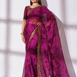 Mitera Purple Abstract Printed Sequinned Pure Georgette Saree-image-1