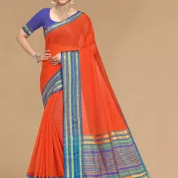 Sidhidata Women Orange & Blue Woven Design Zari Kota Saree-image-81