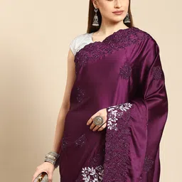 Anouk Burgundy & White Floral Embroidered Satin Saree-image-47