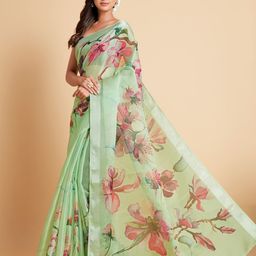 Sangria Sea Green & Pink Floral Organza Ready to Wear Saree-picture-22