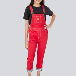 Olele Girls Red Solid Slim Fit Cotton Dungaree-image-54