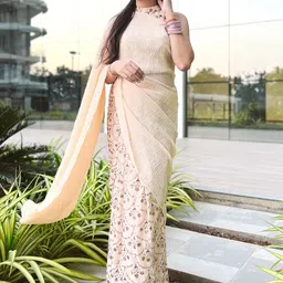 Libas Peach-Coloured Floral Sequinned Saree-image-14