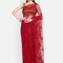 BARKIYA CREATION Floral Embroidered Beads and Stones Net Saree-14