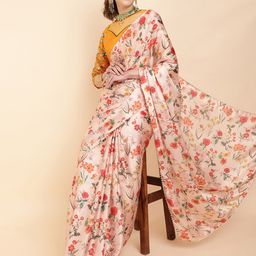 Sangria Women Rose Floral Printed Pearl Border Silk Cotton Saree-image-12