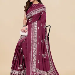 KALINI Magenta & White Paisley Poly Chiffon Block Print Saree image 2