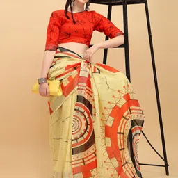 Sangria Yellow & Orange Pure Linen Geometric Print Saree-picture-12
