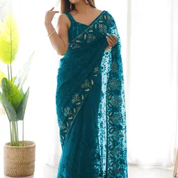 Anouk Teal Floral Embroidered Net Saree image 4