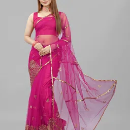 BARKIYA CREATION Ethnic Motifs Embroidered Net Saree image 4