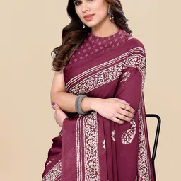 KALINI Magenta & White Paisley Poly Chiffon Block Print Saree image 4