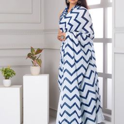 TROPWEAR Geometric Printed Pure Cotton Jaipuri Mulmul Half & Half Block Print Saree image 5