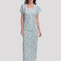 CIERGE Green & White Floral Printed Pure Cotton Maxi Nightdress-image-67
