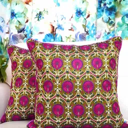 TARA- Sparkling Homes Green & Purple Set of 2 Embroidered Square Cushion Covers-5