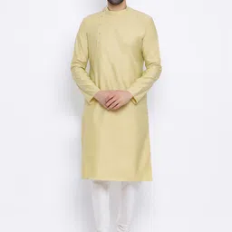NAMASKAR Men Khaki & White Silk Solid Kurta with Churidar-image-84