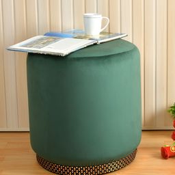 Shadowkart Green Velvet & Wooden Round Ottoman-image-80