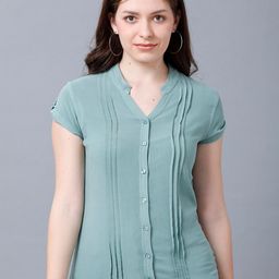 IDENTITI Women Green Mandarin Collar Shirt Style Top-image-56