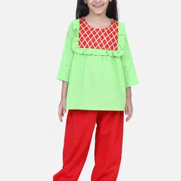 BownBee Girls Geometric Yoke Design Regular Pure Cotton Kurti With Harem Pants-27