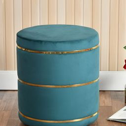 Shadowkart Sea Green Velvet & Wooden Round Ottoman-picture-14