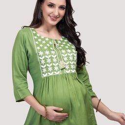 Mom For Sure by Ketki Dalal Floral Embroidered Tie-Up Neck A-Line Maternity Kurti-image-34