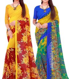 SAADHVI Yellow & Blue Printed Pure Georgette Saree Pack Of 2-53