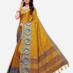 Satrani Mustard & Navy Blue Woven Design Zari Saree-image-25