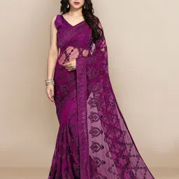 VAIRAGEE Purple Floral Embroidered Net Saree-image-59