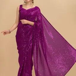Sangria Purple Embellished Sequinned Pure Georgette Saree-picture-15