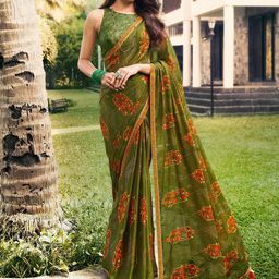 Saree mall Olive Green & Orange Floral Pure Chiffon Sarees-image-1