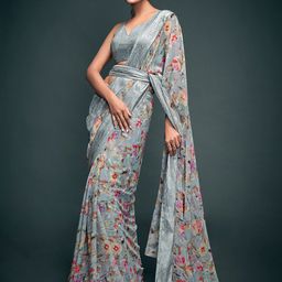 Saree mall Grey & Red Floral Print Pure Georgette Banarasi Saree-image-33