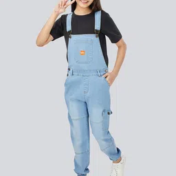 Olele Girls Blue Washed Cotton Denim Dungarees-image-14