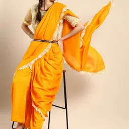 Sangria Women Mustard  Embellished Lace Palazzo Sarees-image-8