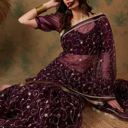 Sangria Floral Zari Jaal Embroidered Sarees-picture-30