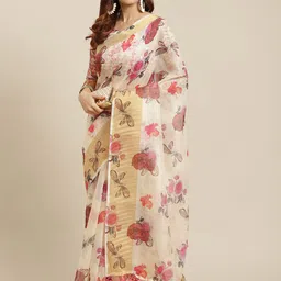 Mitera Beige & Red Floral Linen Blend Saree-image-44