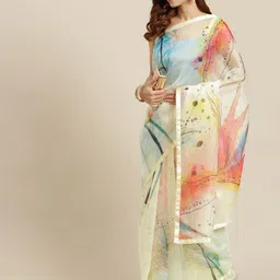 Mitera Green & Blue Floral Print Organza Saree-image-40