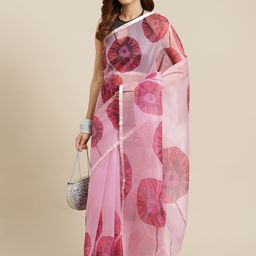 Mitera Pink Floral Print Organza Saree-image-16