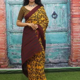 TROPWEAR Ethnic Motifs Block Printed Mulmul Cotton Ikat Saree-48