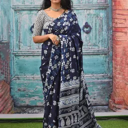 TROPWEAR Ethnic Motifs Block Printed Mulmul Cotton Ikat Saree-32