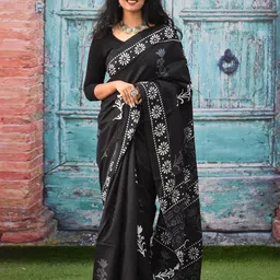 TROPWEAR Ethnic Motifs Block Printed Mulmul Cotton Ikat Saree-29