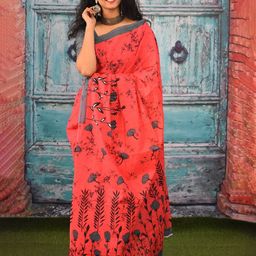 TROPWEAR Ethnic Motifs Block Printed Mulmul Cotton Ikat Saree-28