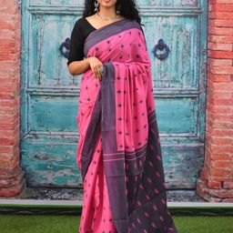 TROPWEAR Ethnic Motifs Block Printed Mulmul Cotton Ikat Saree-14
